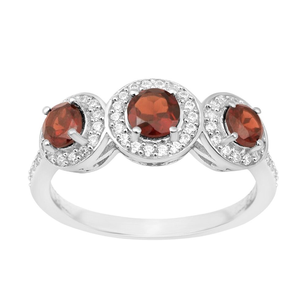 925 Sterling Silver Round Garnet Three Stone Halo Ring with Solitaire Accents